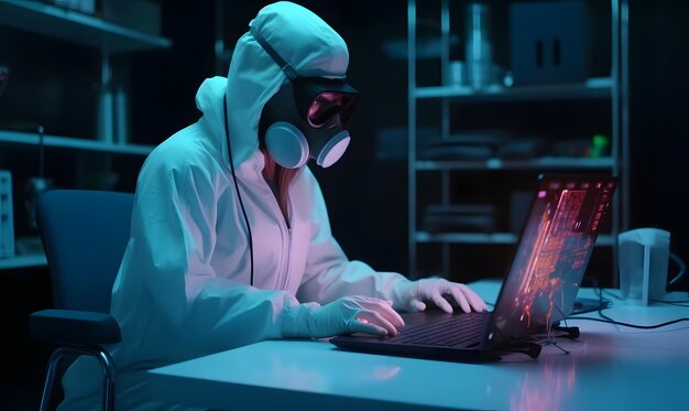 A woman in a gas mask sits at a laptop in a dark room, with a neon sign that says'coronavirus'on it.