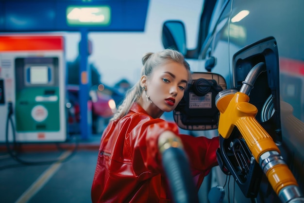 Photo woman at the gas station young woman refueling gas tank at the gas station