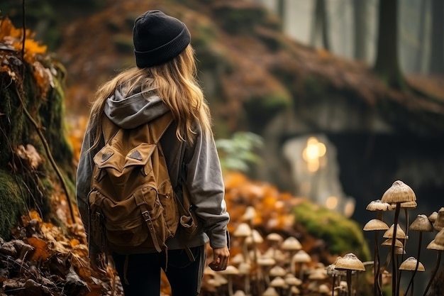 Woman gathering mushrooms and berries in a forest with a basket foraging for natural treasures