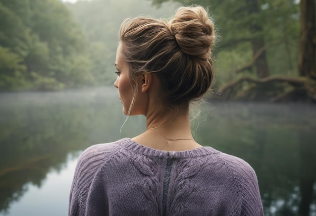 A woman gazes out at a misty lake solitude and reflection in a serene natural setting