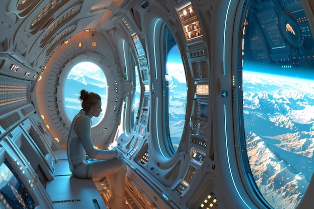 Photo a woman gazing out of a spaceship window at earth