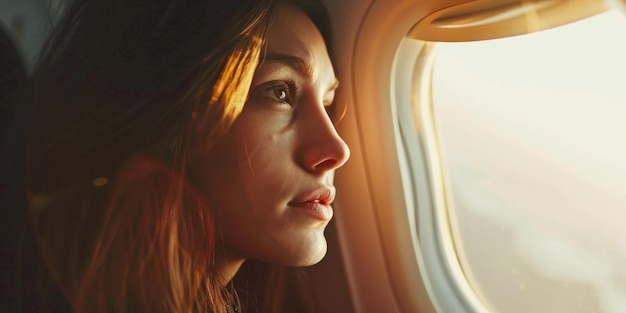 A woman gazing out the window of an airplane in flight possibly lost in thought or enjoying the view