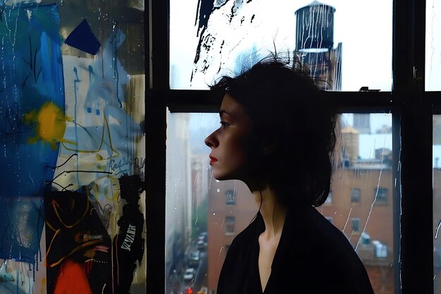 Woman Gazing Out Window With Rainy City View