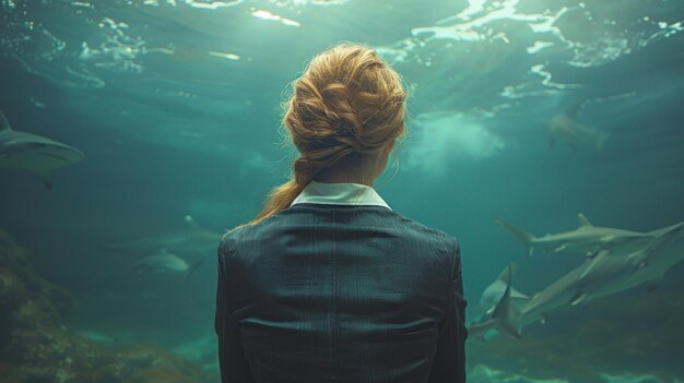 Photo woman gazing at sharks