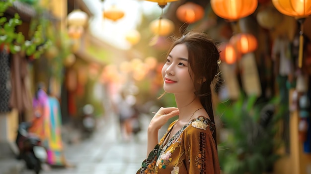 Woman Gazing Up in an Asian City Street