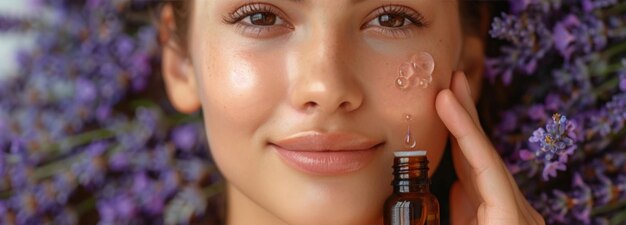 Photo a woman gently applies lavender essential oil to her face surrounded by blooming lavender flowers