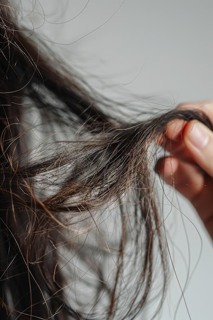 Photo a woman gently touches her long brown hair focusing on broken and dry ends while surrounded by