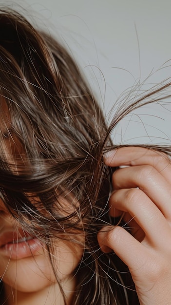 Photo a woman gently touches her long brown hair revealing broken and dry ends the clean background highlights the focus on hair care issues and beauty