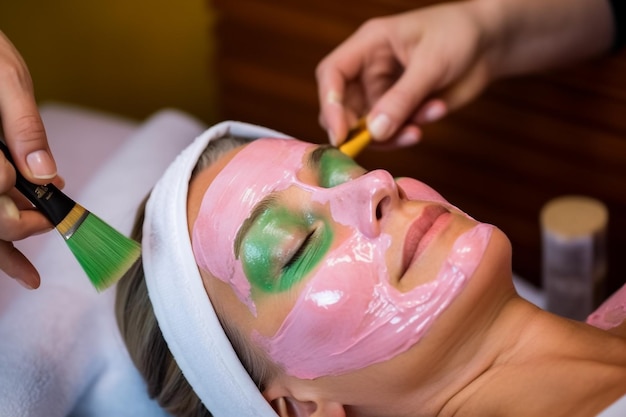 A woman getting a face mask with green paint on her face