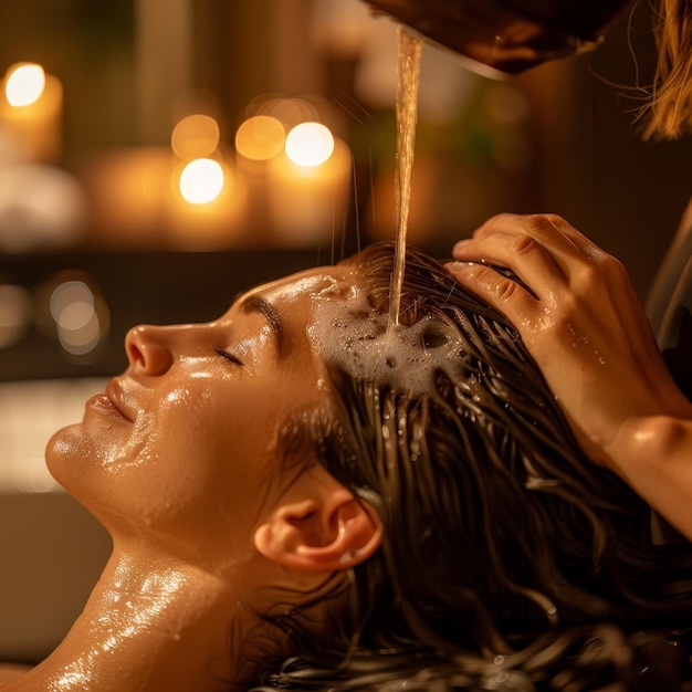 Woman Getting Hair Washed in Bath A client getting a relaxing scalp massage during their shampoo treatment with soft lighting and calming music playing in the background