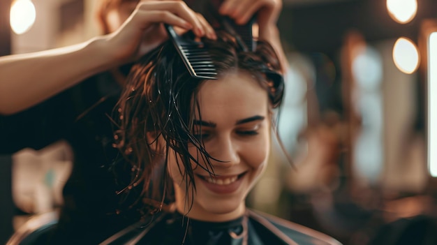 a woman getting her hair cut by a hairdresser