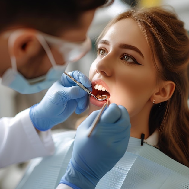 A woman getting her teeth checked by a dentist