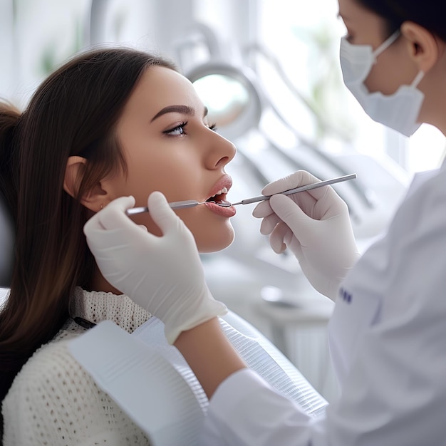 A woman getting her teeth checked by a dentist