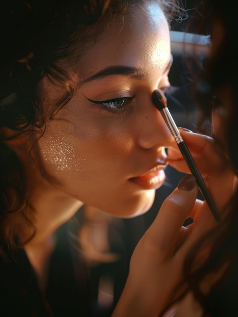 Photo woman getting makeup done with a brush