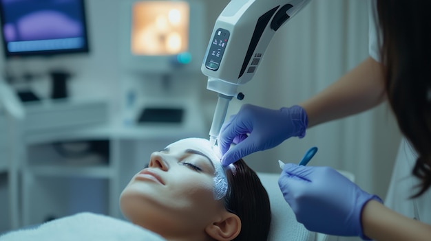 a woman getting a massage from a tube that is being applied to her face