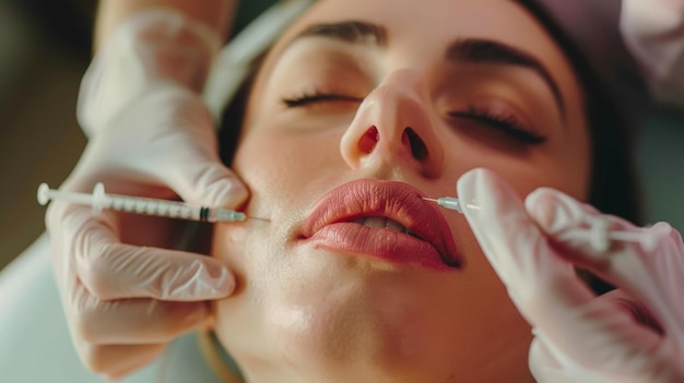 Photo woman getting some botox injections on her face and lips pink lips and beautiful facial features