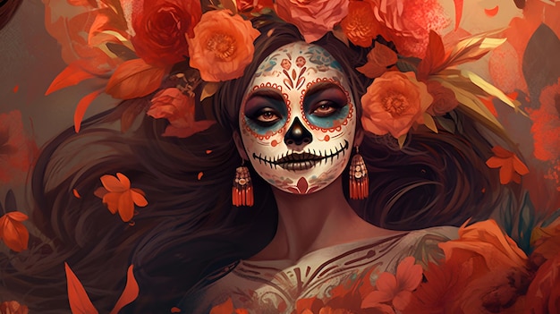 Woman ghost of Mexican day of the dead with marigold flowers Generated AI