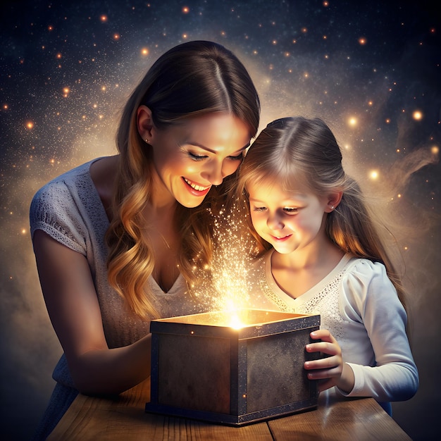 a woman and a girl are looking at a book with the words the word on it