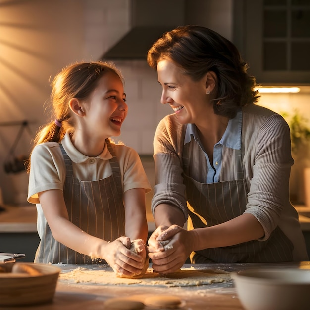 a woman and a girl are making dough in a kitchen