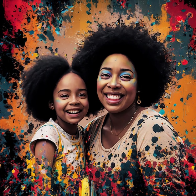 a woman and a girl are posing for a colorful picture