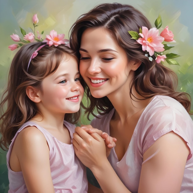 a woman and a girl are posing for a picture with flowers on their heads