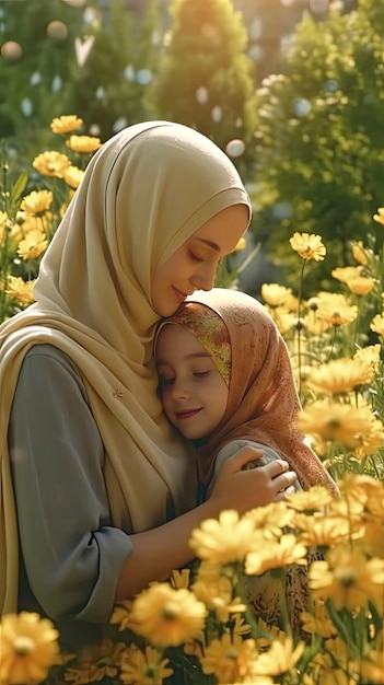 A woman and a girl hugging in a field of yellow flowers