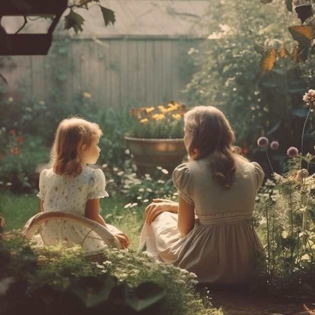 a woman and a girl sit in a garden one of them is wearing a dress