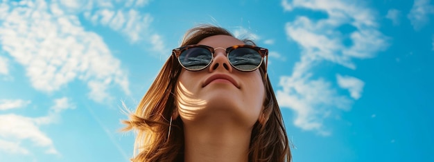 a woman in glasses on the background of the sky