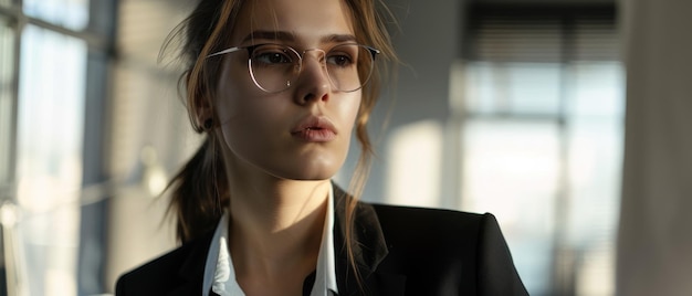 Photo a woman in glasses and business attire stares thoughtfully out the window caught in a moment of contemplation within a bright office space