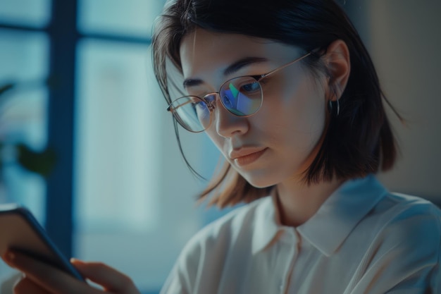 Photo a woman in glasses deeply focused on her smartphone surrounded by a cool blue ambient light within a modern minimalistic indoor setting