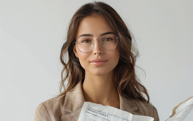 A woman in glasses holds a document in front of her