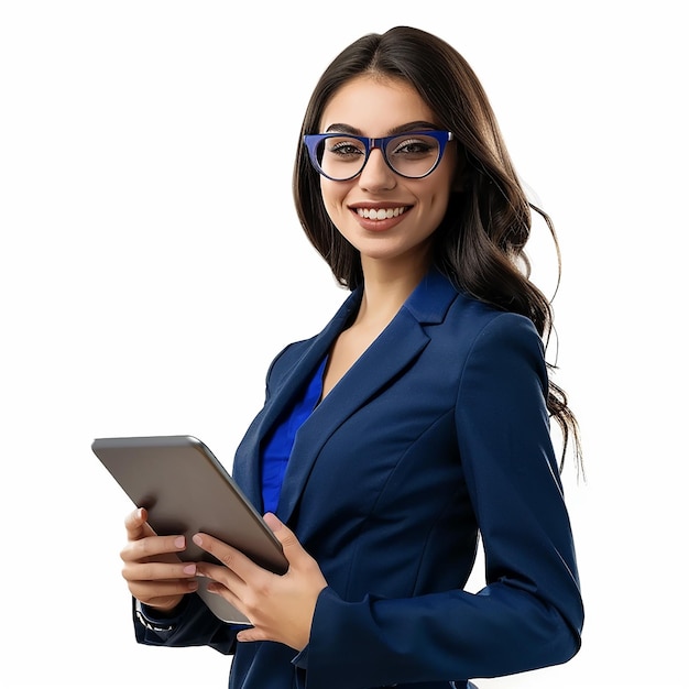 a woman in glasses is holding a pen and a calculator