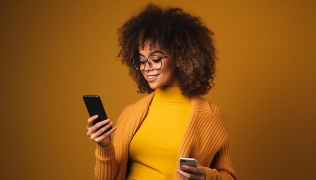 a woman in glasses is holding a phone and looking at the screen