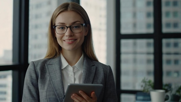 a woman in glasses is holding a tablet with a city in the background