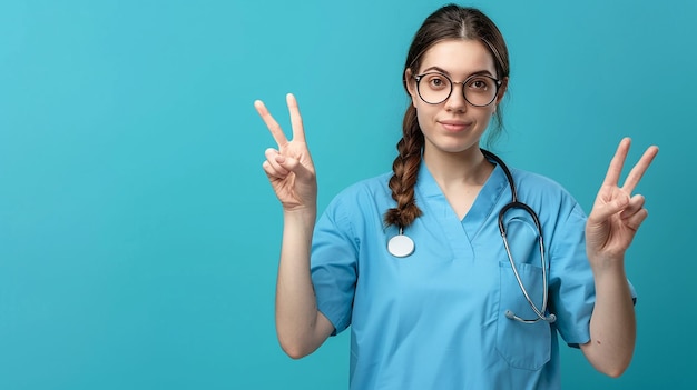 a woman in glasses is holding up a stethoscope that says  peace