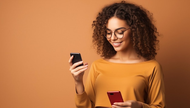 a woman in glasses is looking at a phone and smiling