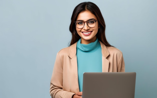 A woman in glasses is using a laptop.