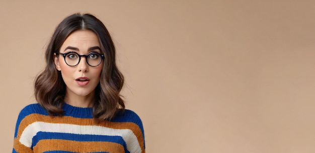 a woman in glasses is wearing a striped sweater with a striped sweater and a striped sweater