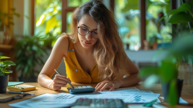 a woman in glasses is writing on a paper with a pen and paper