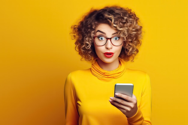 Woman in glasses looking at blank white smart phone against yellow background