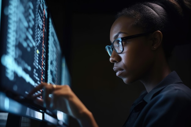 A woman in glasses looking at a computer screen generative AI