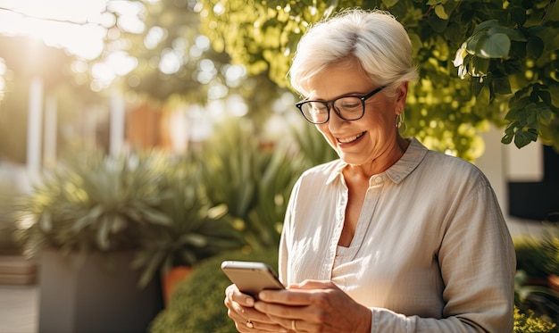 A woman in glasses looking at her cell phone