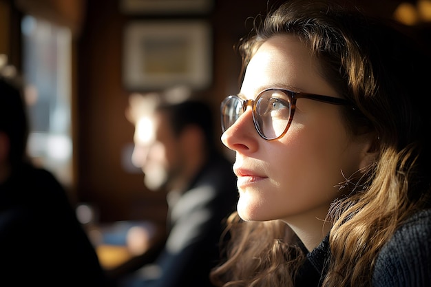 Photo woman in glasses looking out window sunlight thoughtful expression