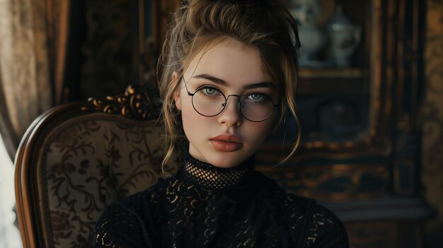 A woman in glasses looks into the camera Richness style and Rococo elegance in a portrait