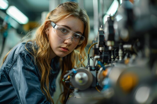 Woman in Glasses Operating Calibration Machine