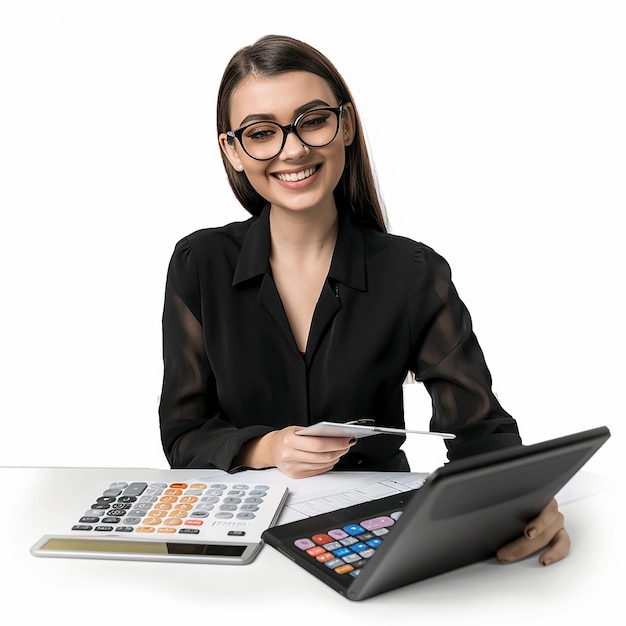 Photo a woman in glasses sits at a desk with a calculator and a calculator