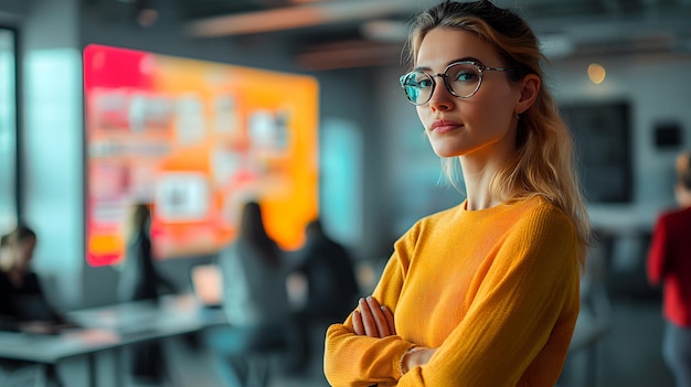 Photo a woman in glasses stands in front of a sign that says im a girl