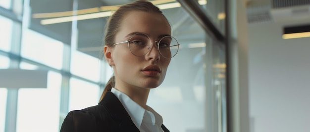 Photo woman in a glasswalled office wears a blazer and round glasses exuding professionalism and focus amidst the modern and sleek workspace