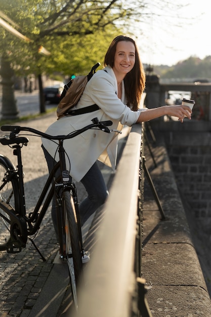 Woman going to work on bicycle