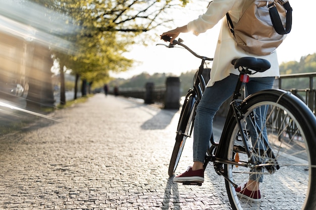 Woman going to work on bicycle